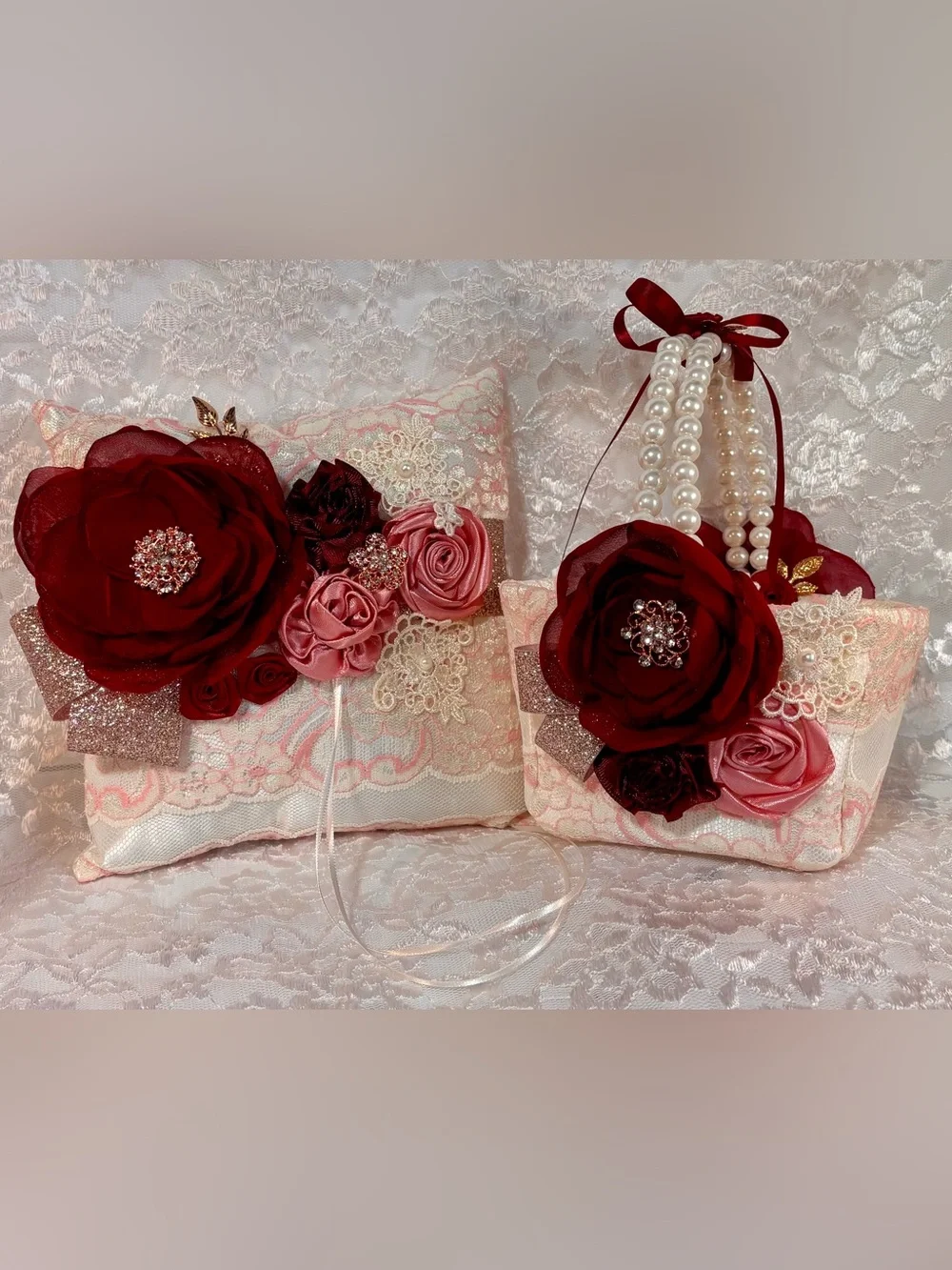 💐 Rose Gold Burgundy Rose Blush and Ivory Ring Pillow and Flower Basket Set